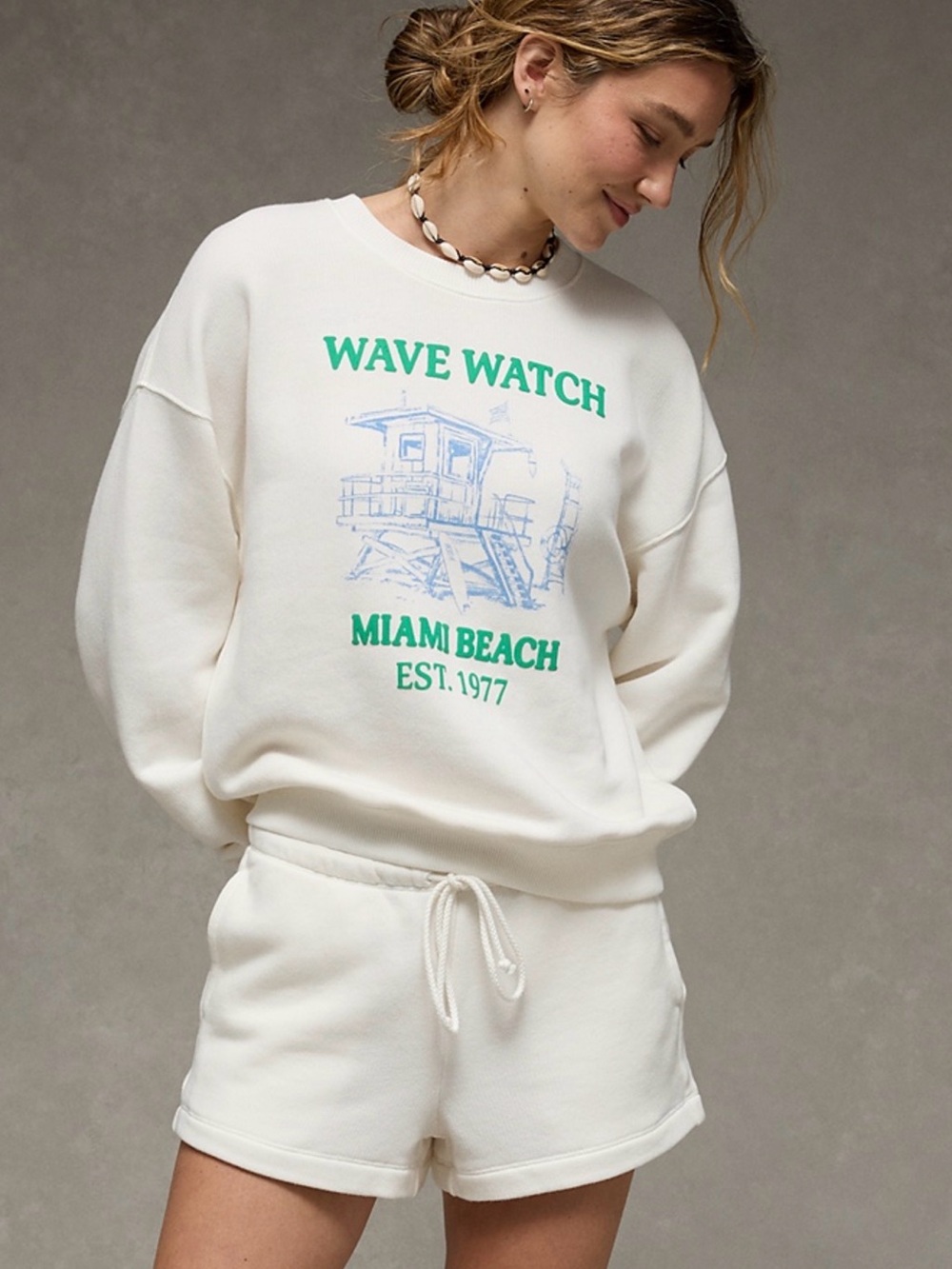 American Eagle Outfitters Cream 'Wave Watch Miami Beach' Graphic Sweatshirt.